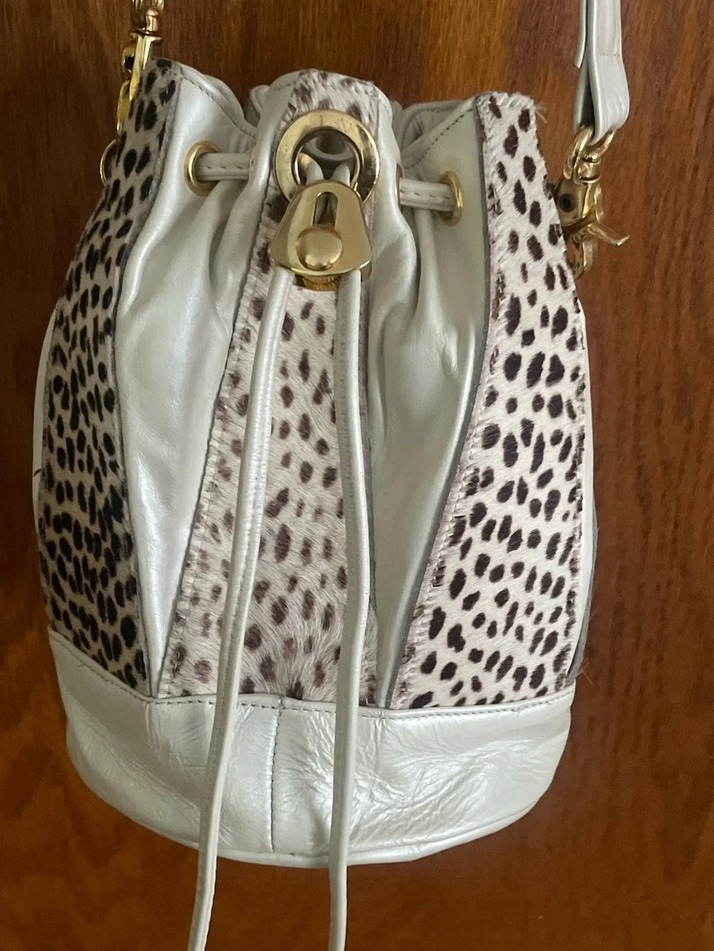 Vintage White & Leopard Pony Hair Leather Drawstring Bucket Bag